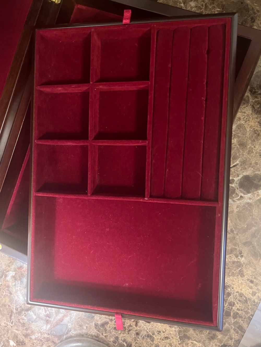 Wooden Jewelry Box Organizer w/ Red Velvet Lining – Lift-Out Tray & Ring Slots - Picture 4 of 16